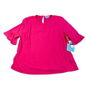 CeCe Womens XL Bright Rose Glimmering Light Ruffle‎ Sleeve Top Blouse